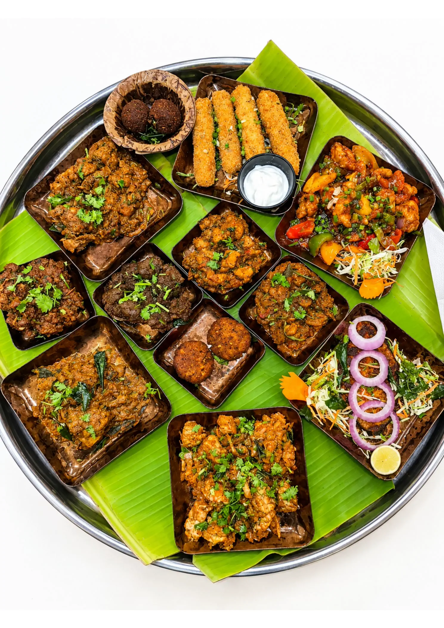 A high-clarity South Indian food spread served on banana leaves